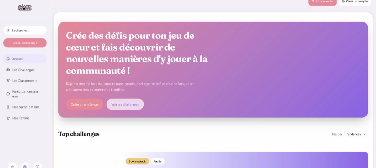 Page d'accueil de GamerChallenges, plateforme de défis de jeux vidéo.